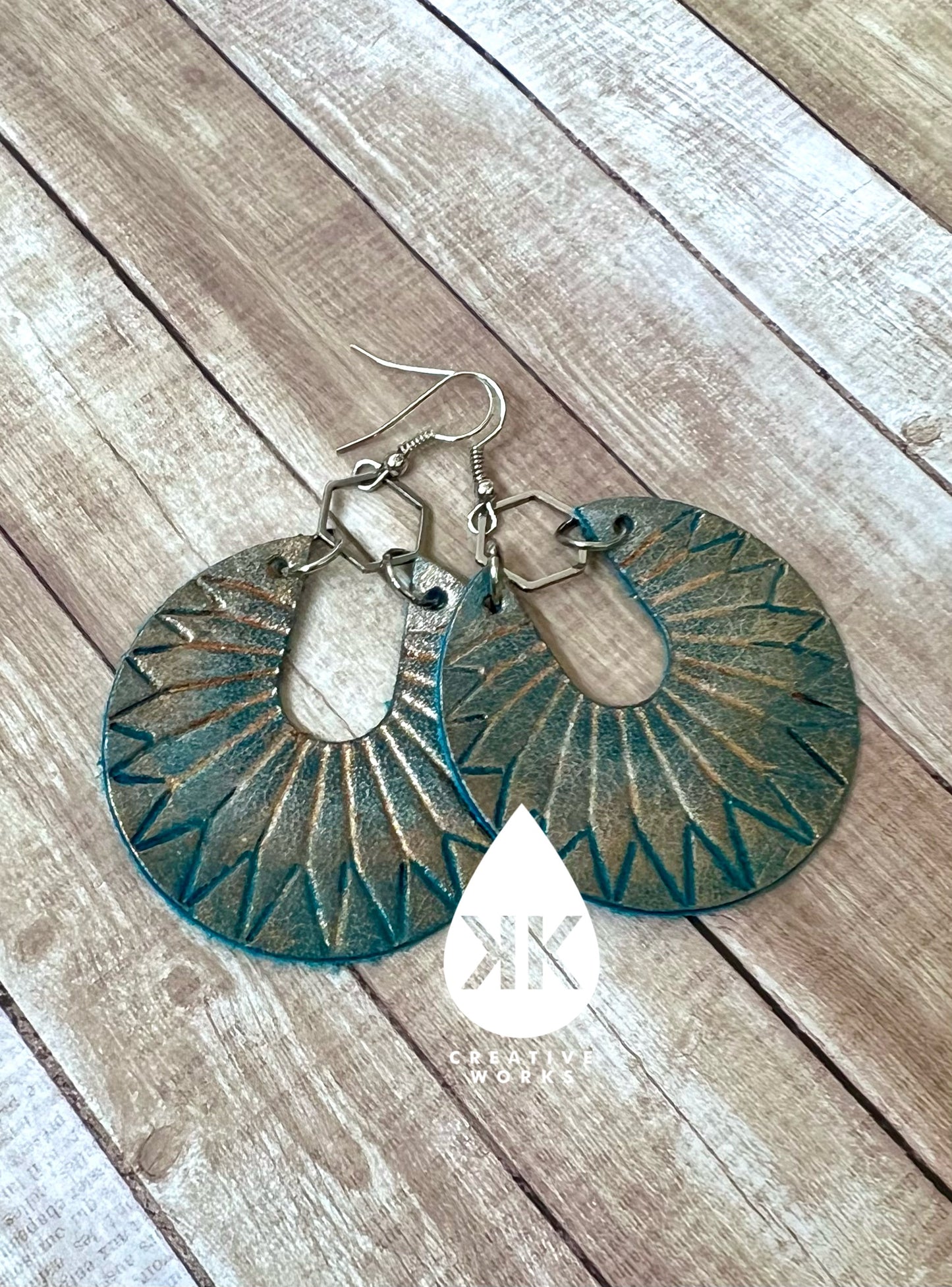 Bronzed silver on Embossed Teal Sunray Earrings